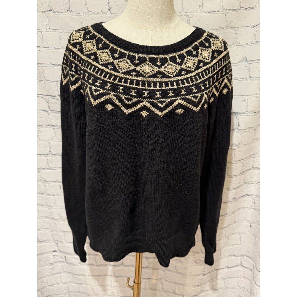 Chaps Petite Black & Gold Lurex Long Sleeve Knit Sweater PXL
